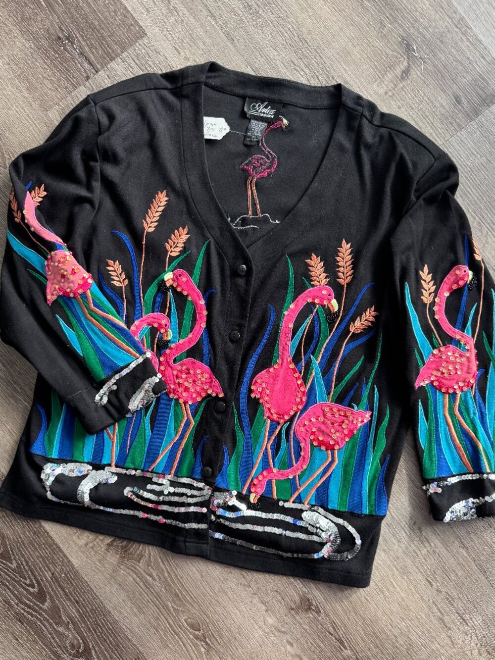Vtg 80s Artex Collection quirky embellished flamingo resortwear cardigan / sz L